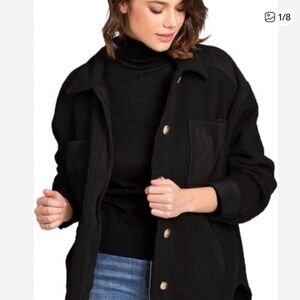 No Comment Women's Black Sherpa Jacket Shacket Fuzzy Button Down Top Shirt